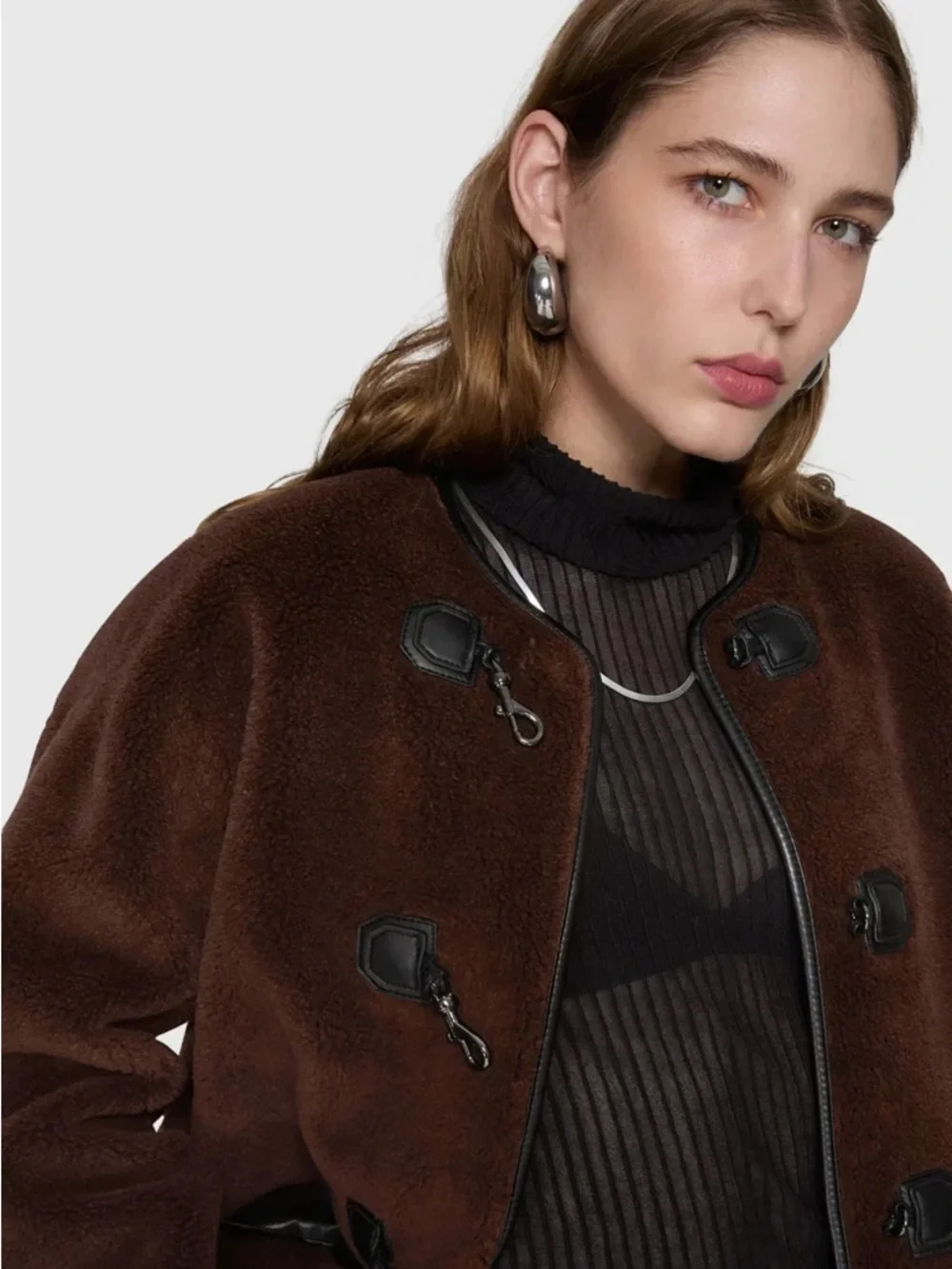 NWT $268 Rebecca Minkoff Shearling Toggle Jacket Chocolate Brown XL - Picture 2 of 7